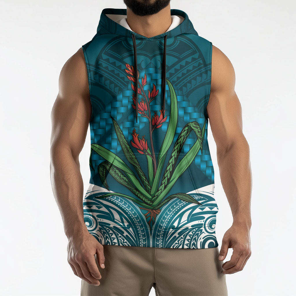Rongoa Maori New Zealand Harakeke Sleeveless Hoodie NZ Weaving Pattern Dark Teal