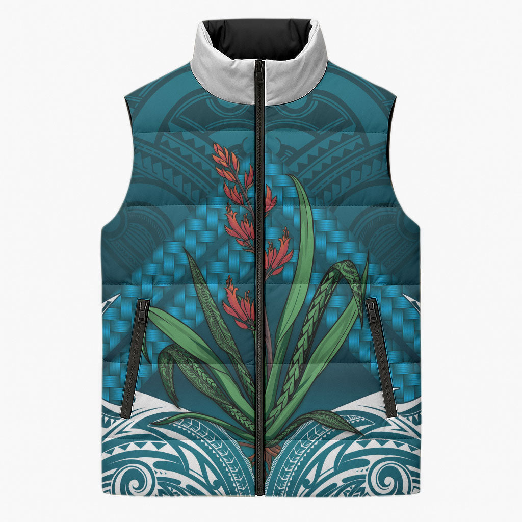 Rongoa Maori New Zealand Harakeke Sleeveless Puffer Jacket NZ Weaving Pattern Dark Teal