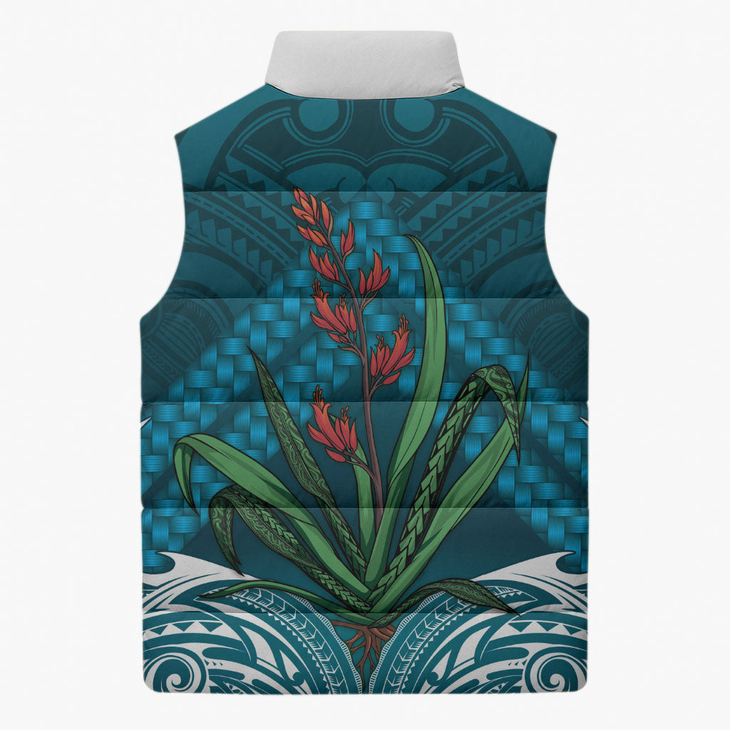 Rongoa Maori New Zealand Harakeke Sleeveless Puffer Jacket NZ Weaving Pattern Dark Teal
