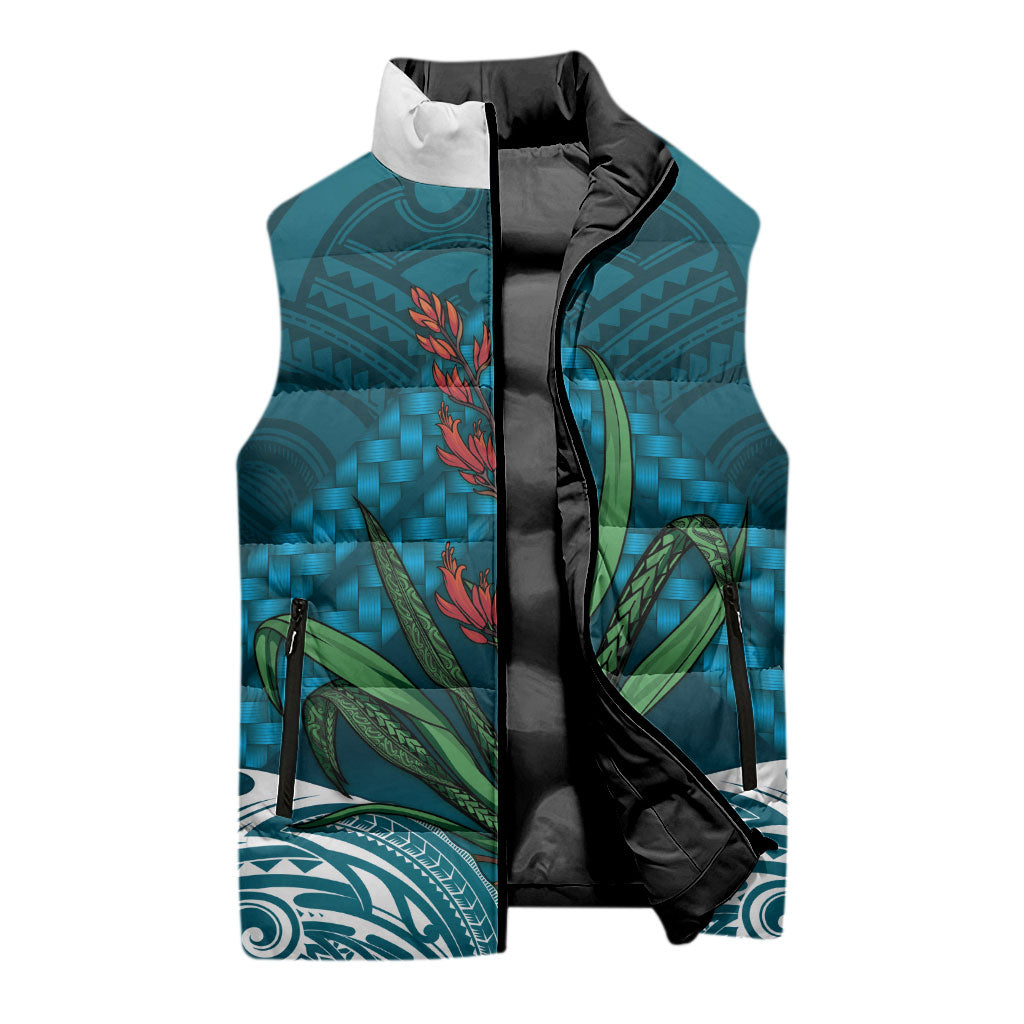Rongoa Maori New Zealand Harakeke Sleeveless Puffer Jacket NZ Weaving Pattern Dark Teal
