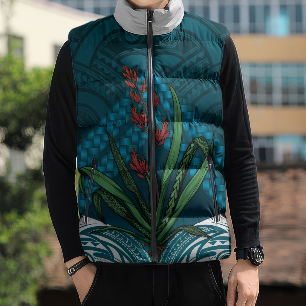 Rongoa Maori New Zealand Harakeke Sleeveless Puffer Jacket NZ Weaving Pattern Dark Teal