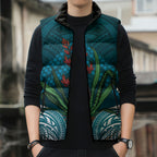 Rongoa Maori New Zealand Harakeke Sleeveless Puffer Jacket NZ Weaving Pattern Dark Teal
