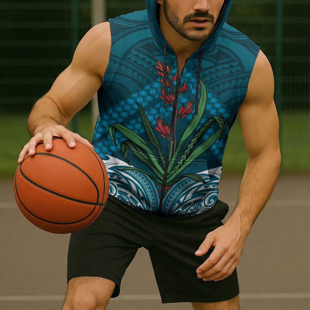 Rongoa Maori New Zealand Harakeke Sleeveless Zip Hoodie NZ Weaving Pattern Dark Teal