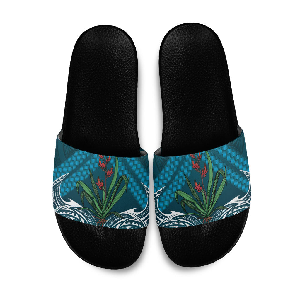 Rongoa Maori New Zealand Harakeke Slide Sandals NZ Weaving Pattern Dark Teal