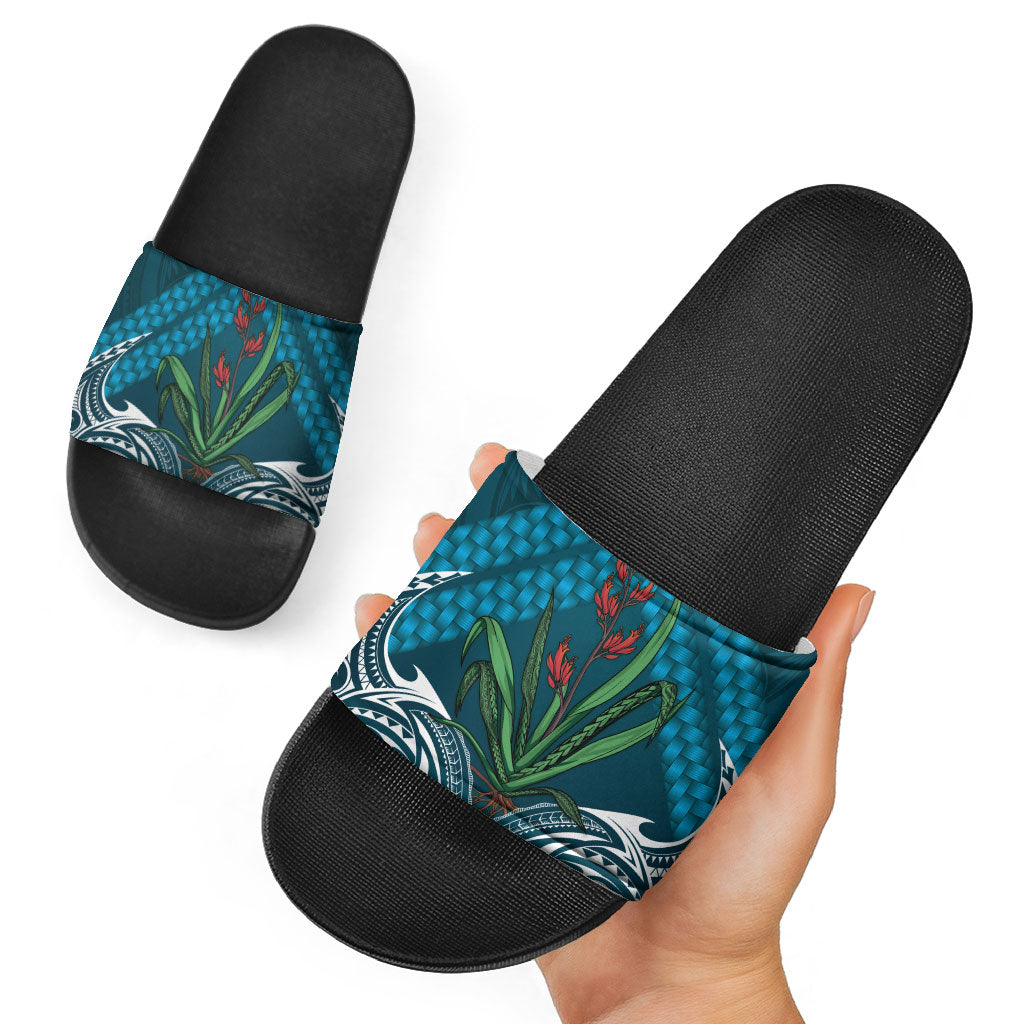 Rongoa Maori New Zealand Harakeke Slide Sandals NZ Weaving Pattern Dark Teal