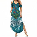 Rongoa Maori New Zealand Harakeke Summer Maxi Dress NZ Weaving Pattern Dark Teal