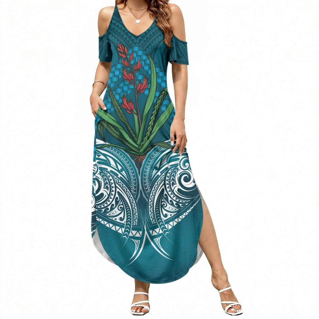 Rongoa Maori New Zealand Harakeke Summer Maxi Dress NZ Weaving Pattern Dark Teal
