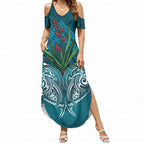 Rongoa Maori New Zealand Harakeke Summer Maxi Dress NZ Weaving Pattern Dark Teal