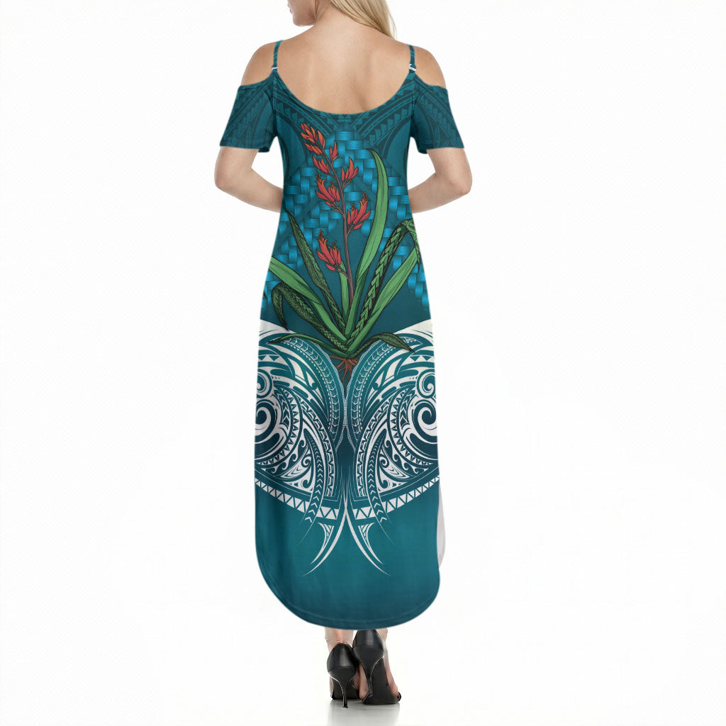 Rongoa Maori New Zealand Harakeke Summer Maxi Dress NZ Weaving Pattern Dark Teal