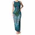 Rongoa Maori New Zealand Harakeke Tank Maxi Dress NZ Weaving Pattern Dark Teal