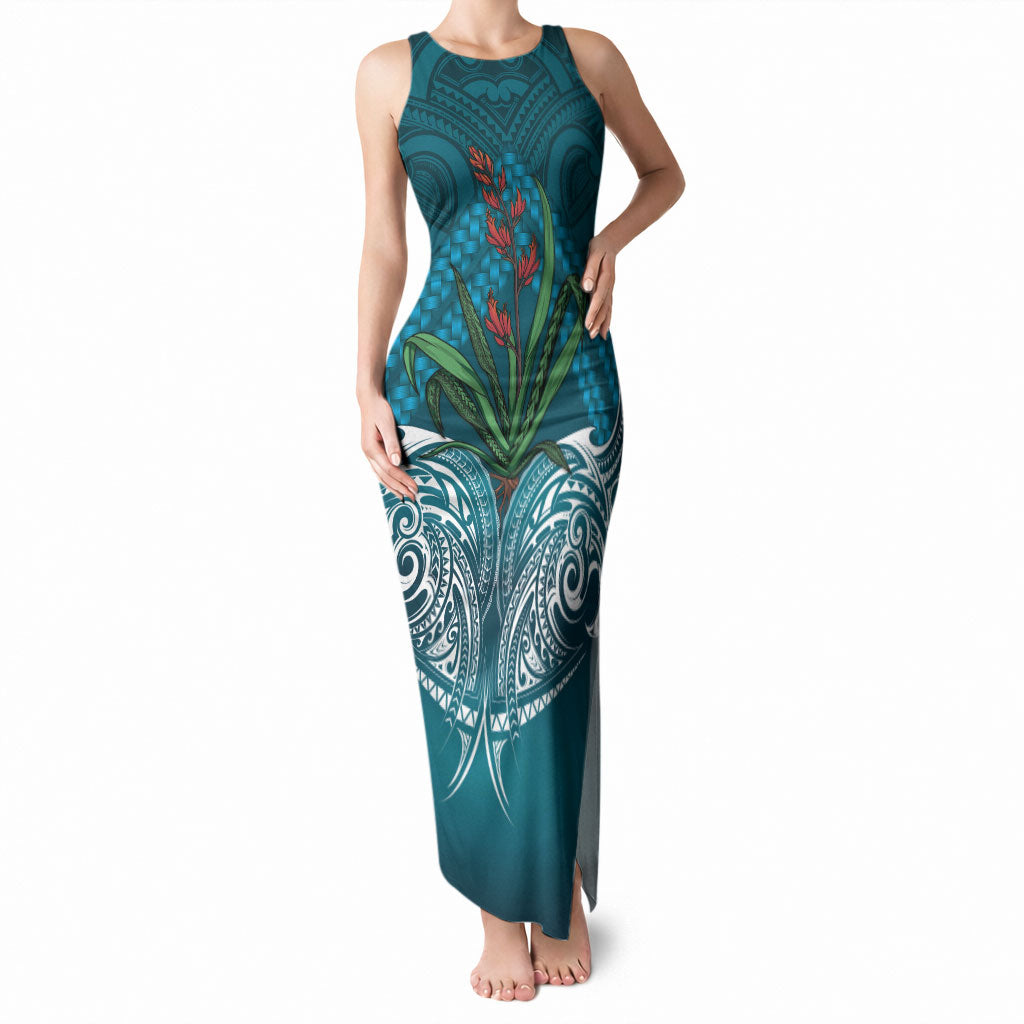 Rongoa Maori New Zealand Harakeke Tank Maxi Dress NZ Weaving Pattern Dark Teal
