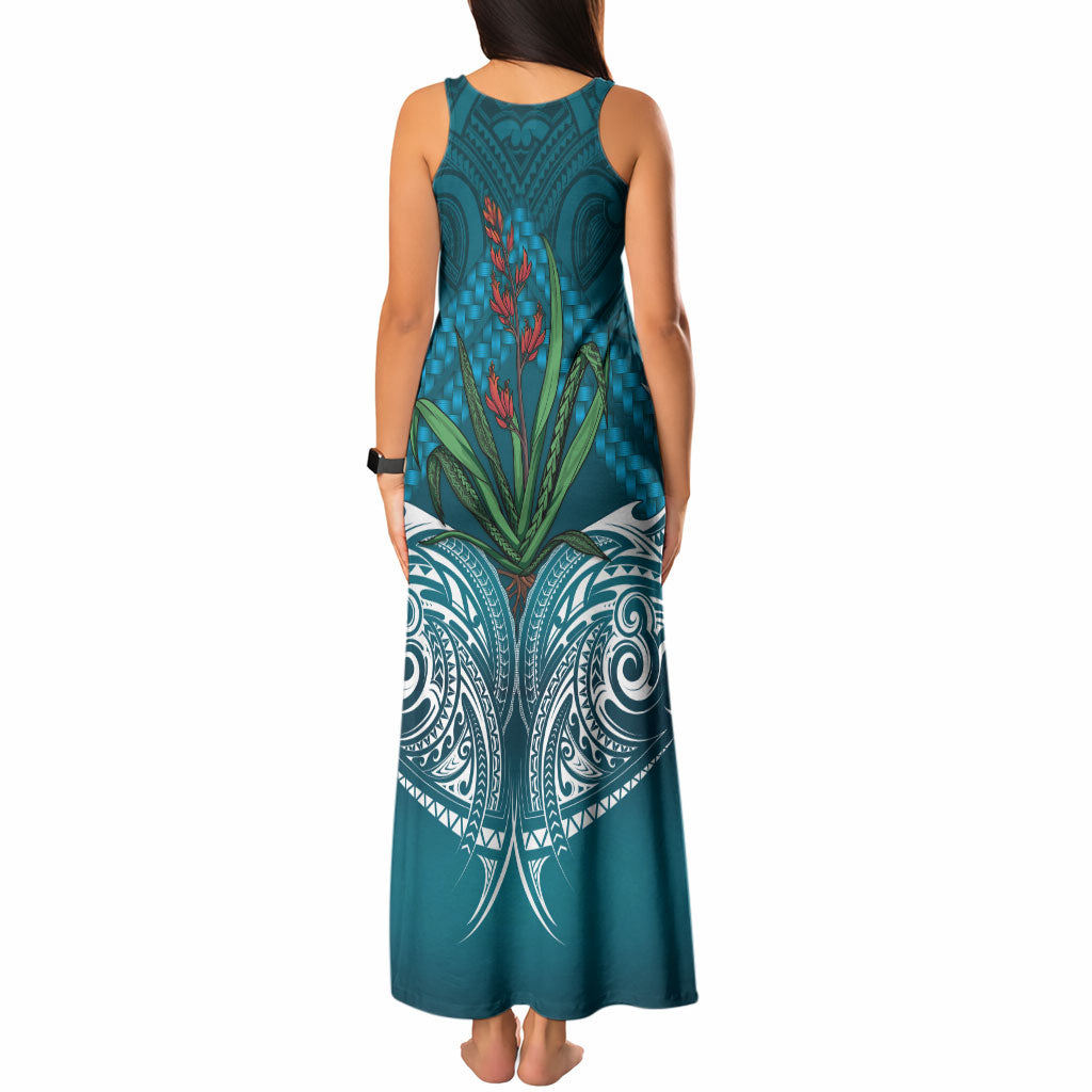 Rongoa Maori New Zealand Harakeke Tank Maxi Dress NZ Weaving Pattern Dark Teal