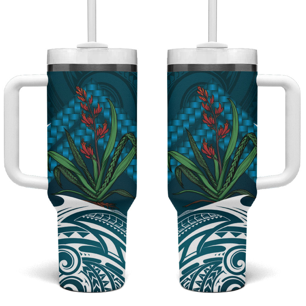 Rongoa Maori New Zealand Harakeke Tumbler With Handle NZ Weaving Pattern Dark Teal