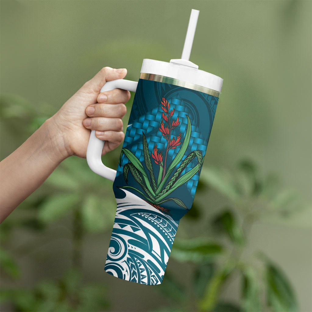 Rongoa Maori New Zealand Harakeke Tumbler With Handle NZ Weaving Pattern Dark Teal