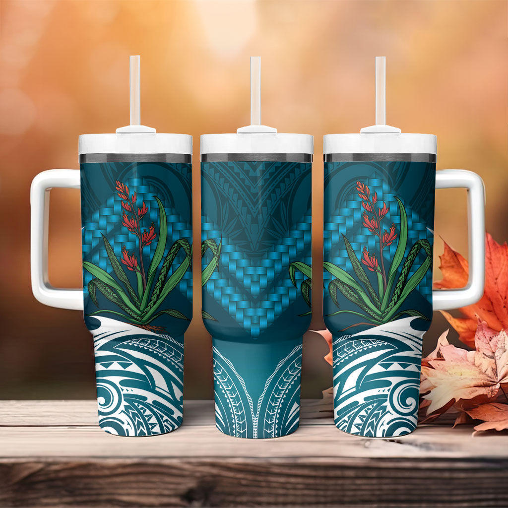 Rongoa Maori New Zealand Harakeke Tumbler With Handle NZ Weaving Pattern Dark Teal
