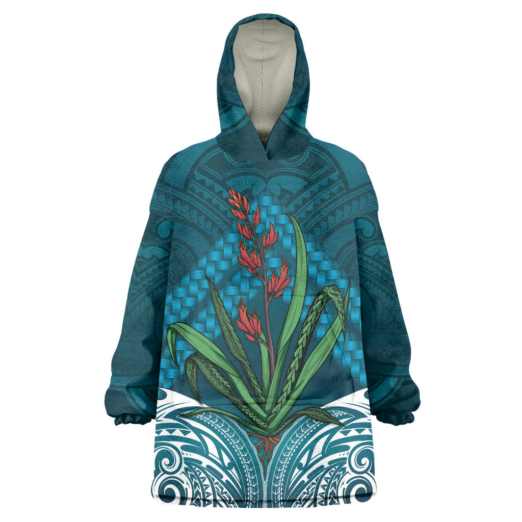 Rongoa Maori New Zealand Harakeke Wearable Blanket Hoodie NZ Weaving Pattern Dark Teal