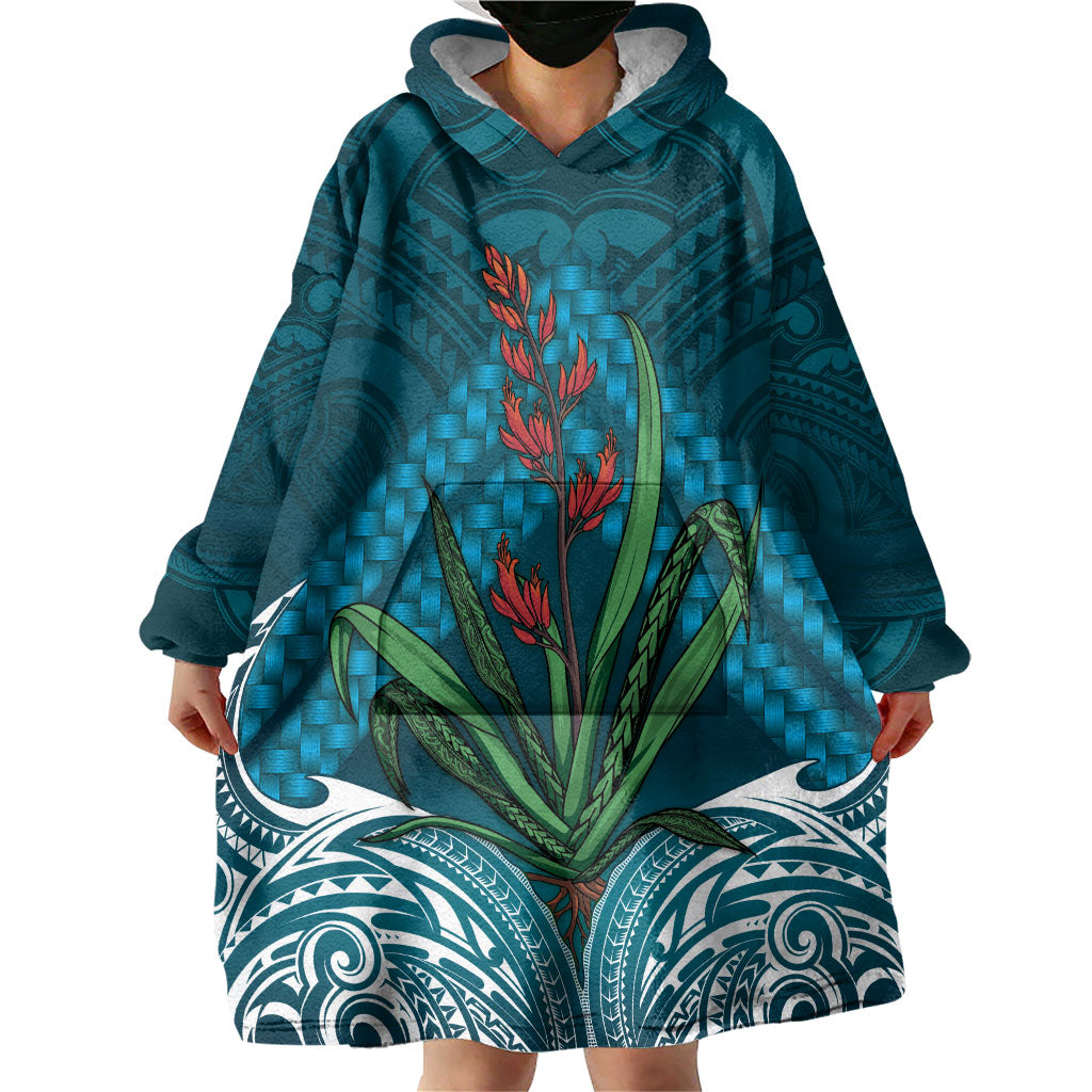 Rongoa Maori New Zealand Harakeke Wearable Blanket Hoodie NZ Weaving Pattern Dark Teal