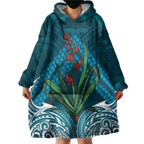 Rongoa Maori New Zealand Harakeke Wearable Blanket Hoodie NZ Weaving Pattern Dark Teal