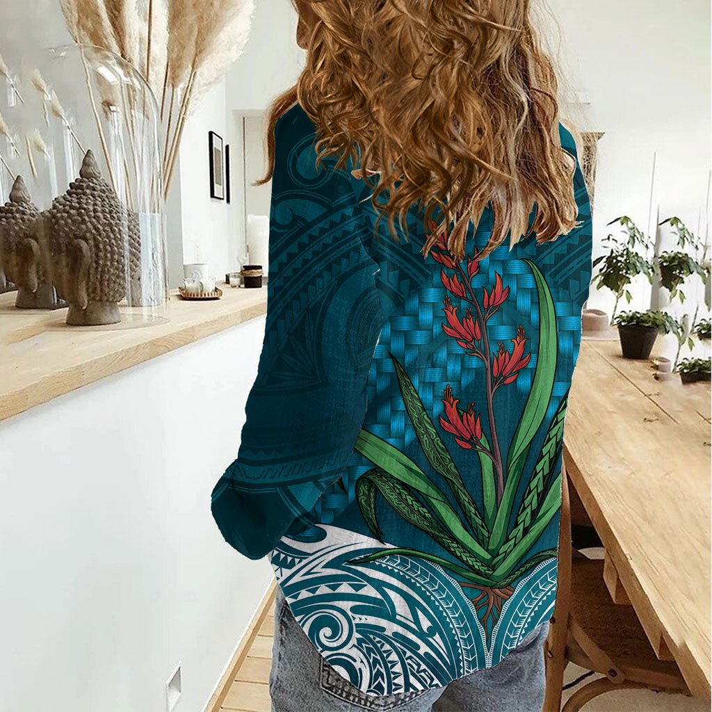 Rongoa Maori New Zealand Harakeke Women Casual Shirt NZ Weaving Pattern Dark Teal
