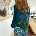 Rongoa Maori New Zealand Harakeke Women Casual Shirt NZ Weaving Pattern Dark Teal