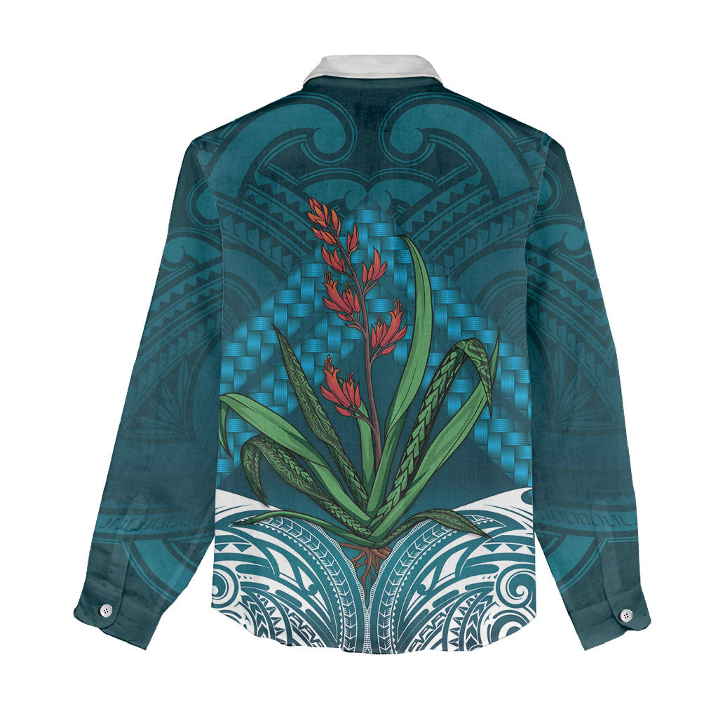 Rongoa Maori New Zealand Harakeke Women Casual Shirt NZ Weaving Pattern Dark Teal