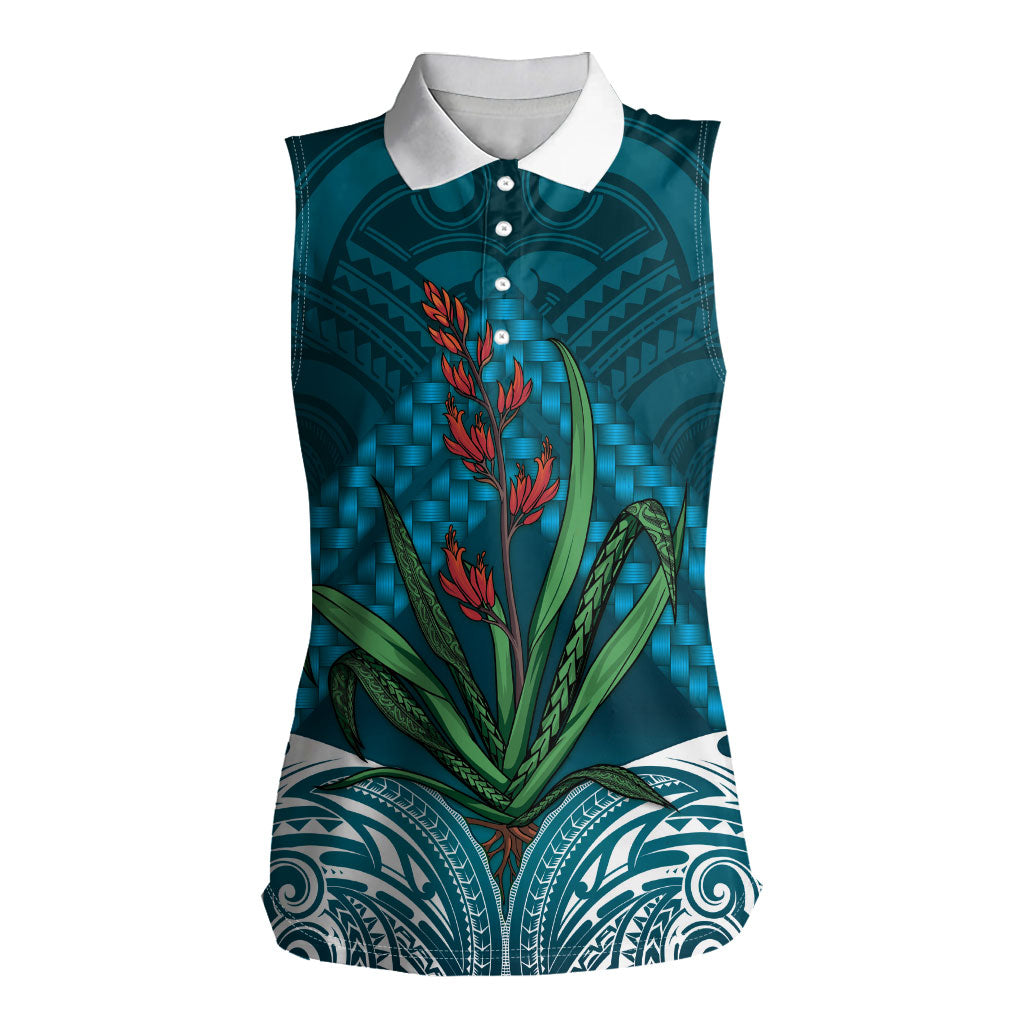 Rongoa Maori New Zealand Harakeke Women Sleeveless Polo Shirt NZ Weaving Pattern Dark Teal