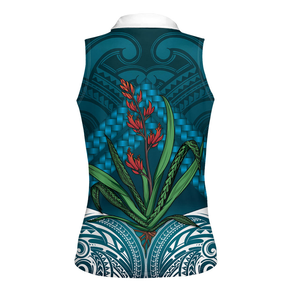 Rongoa Maori New Zealand Harakeke Women Sleeveless Polo Shirt NZ Weaving Pattern Dark Teal