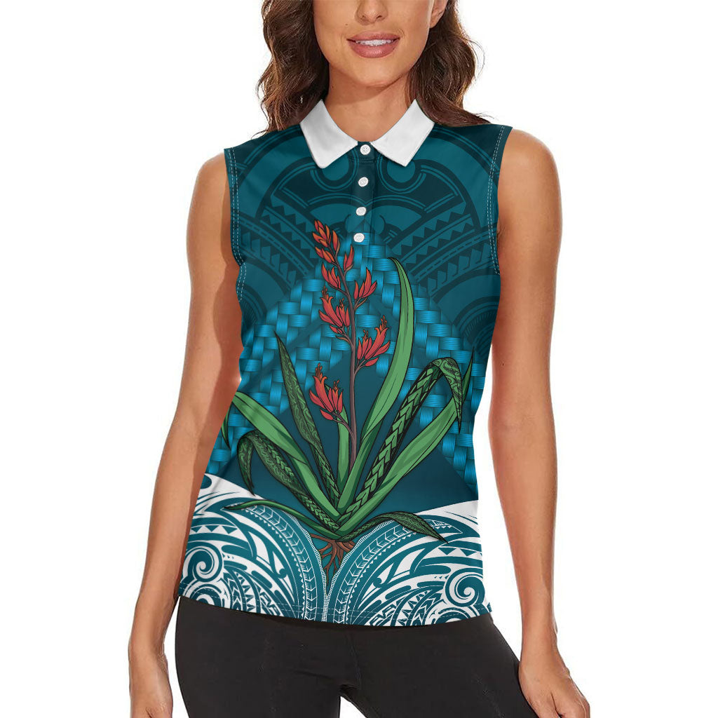 Rongoa Maori New Zealand Harakeke Women Sleeveless Polo Shirt NZ Weaving Pattern Dark Teal