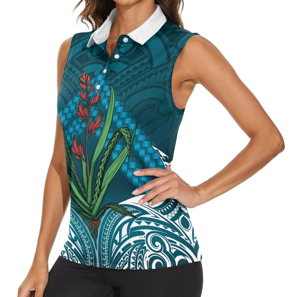 Rongoa Maori New Zealand Harakeke Women Sleeveless Polo Shirt NZ Weaving Pattern Dark Teal