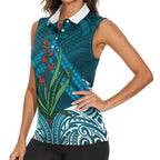 Rongoa Maori New Zealand Harakeke Women Sleeveless Polo Shirt NZ Weaving Pattern Dark Teal