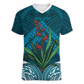 Rongoa Maori New Zealand Harakeke Women V-Neck T-Shirt NZ Weaving Pattern Dark Teal