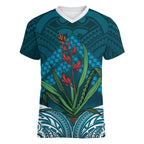 Rongoa Maori New Zealand Harakeke Women V-Neck T-Shirt NZ Weaving Pattern Dark Teal