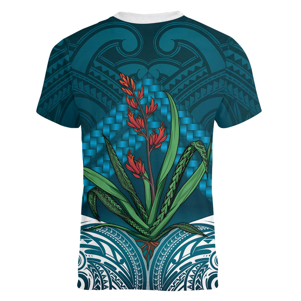 Rongoa Maori New Zealand Harakeke Women V-Neck T-Shirt NZ Weaving Pattern Dark Teal