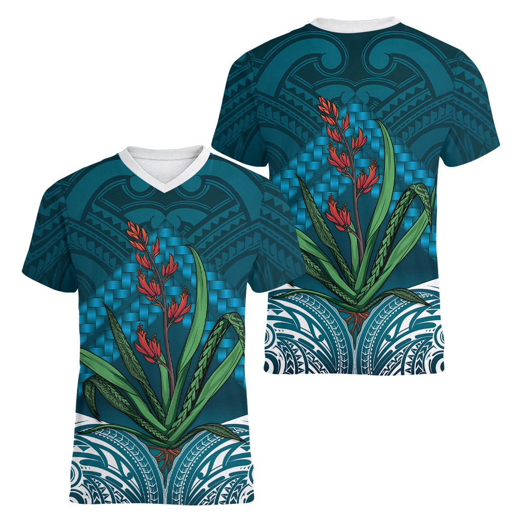 Rongoa Maori New Zealand Harakeke Women V-Neck T-Shirt NZ Weaving Pattern Dark Teal