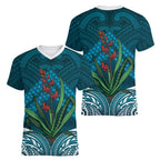 Rongoa Maori New Zealand Harakeke Women V-Neck T-Shirt NZ Weaving Pattern Dark Teal