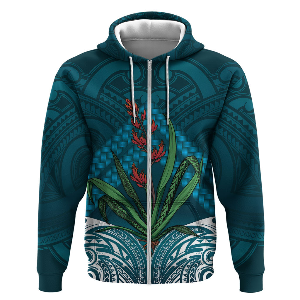 Rongoa Maori New Zealand Harakeke Zip Hoodie NZ Weaving Pattern Dark Teal