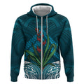 Rongoa Maori New Zealand Harakeke Zip Hoodie NZ Weaving Pattern Dark Teal
