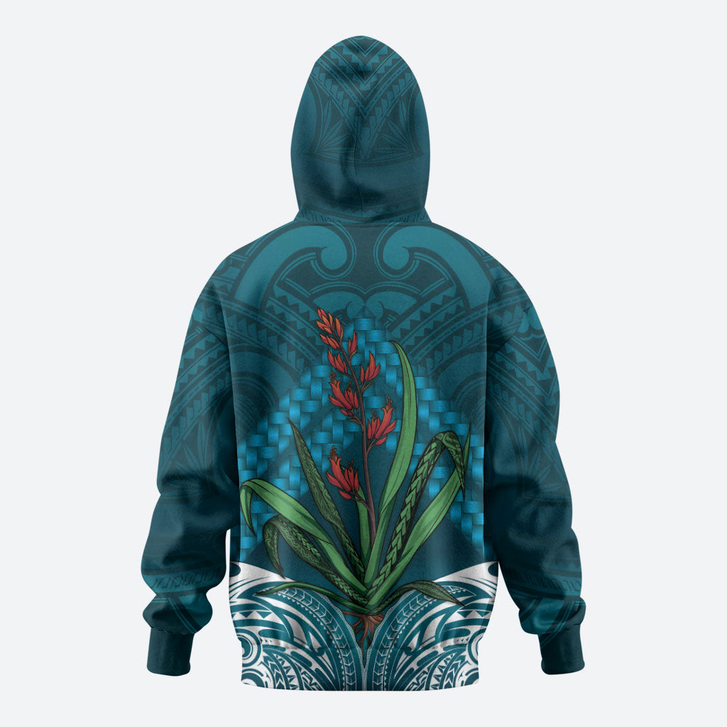 Rongoa Maori New Zealand Harakeke Zip Hoodie NZ Weaving Pattern Dark Teal