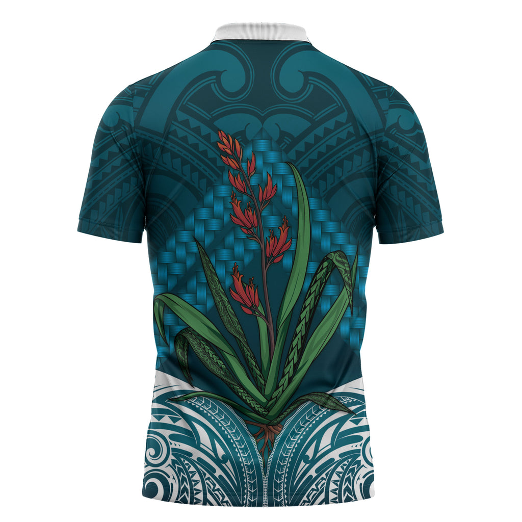 Rongoa Maori New Zealand Harakeke Zipper Polo Shirt NZ Weaving Pattern Dark Teal