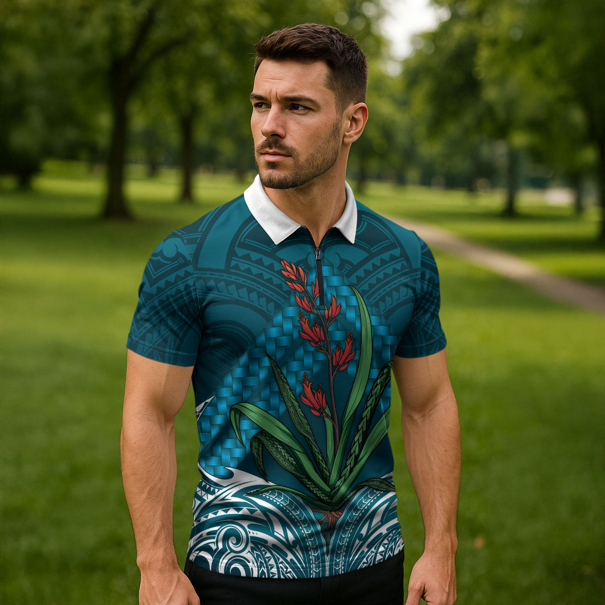 Rongoa Maori New Zealand Harakeke Zipper Polo Shirt NZ Weaving Pattern Dark Teal