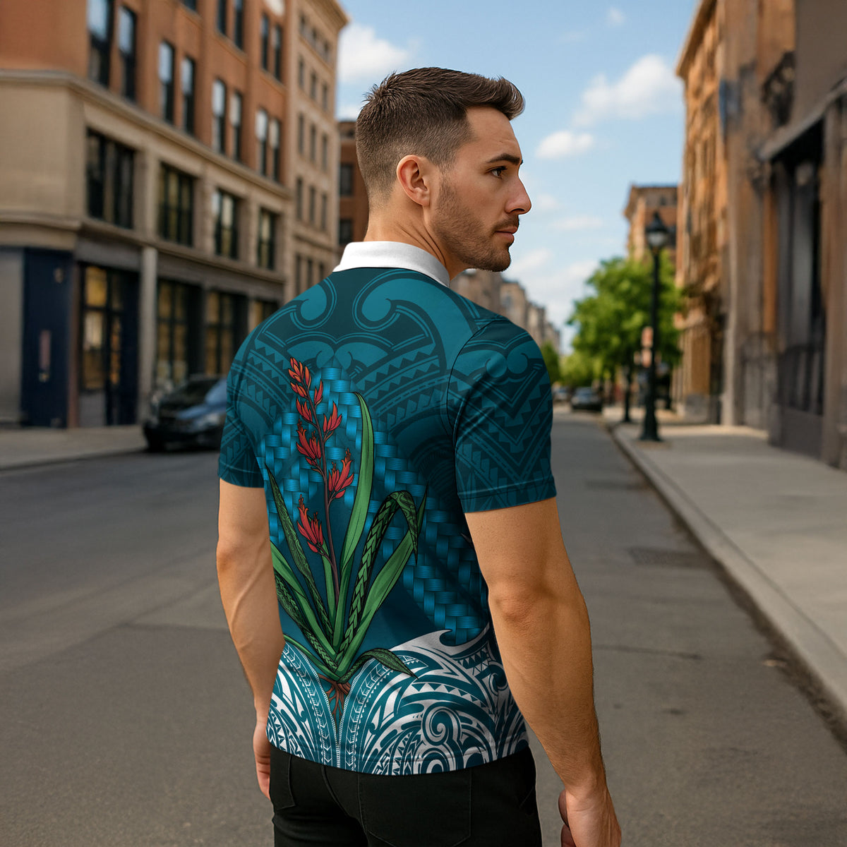 Rongoa Maori New Zealand Harakeke Zipper Polo Shirt NZ Weaving Pattern Dark Teal