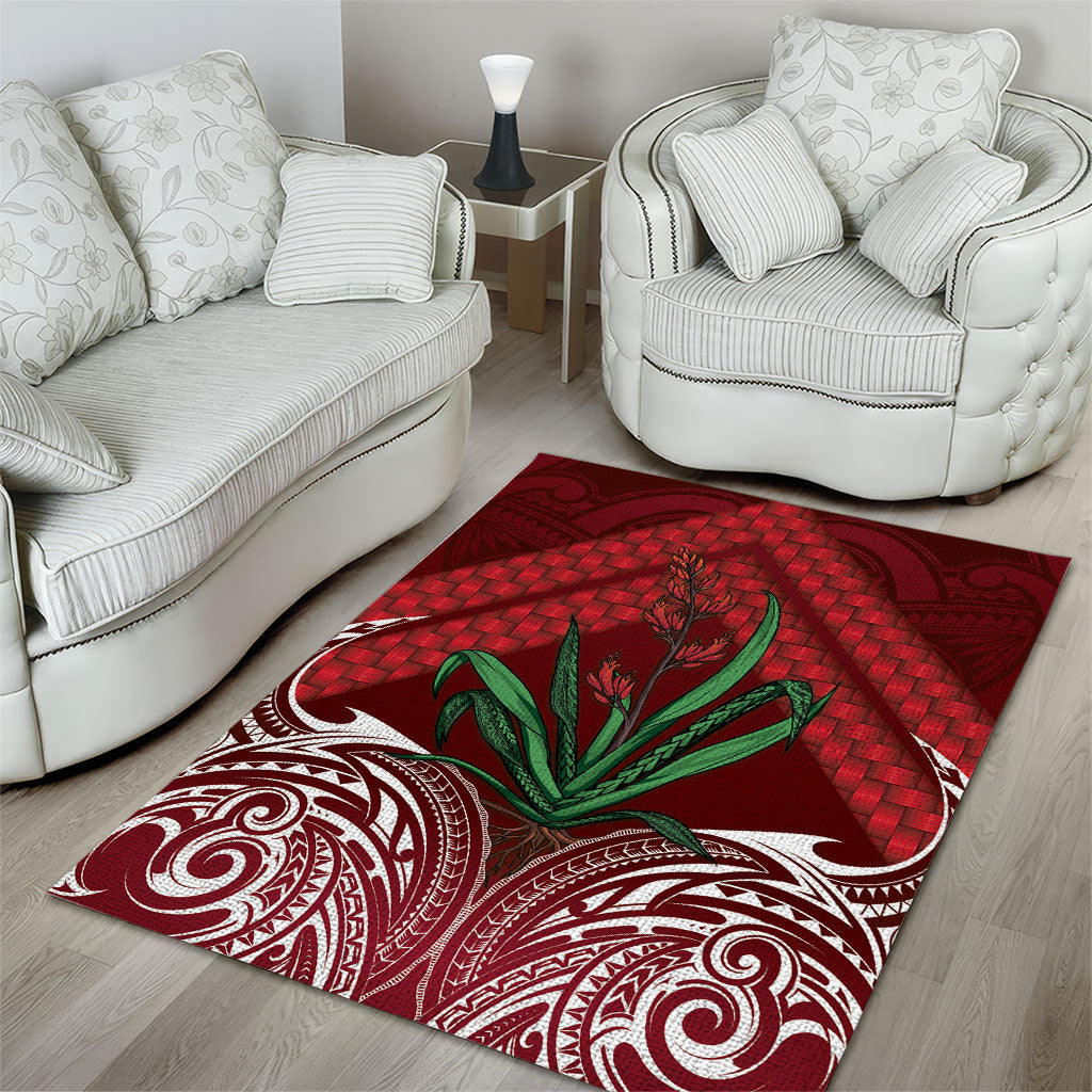 Rongoa Maori New Zealand Harakeke Area Rug NZ Weaving Pattern Red
