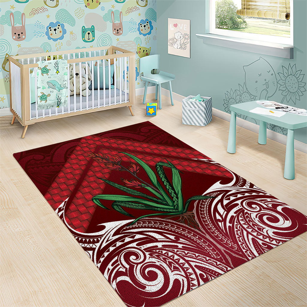 Rongoa Maori New Zealand Harakeke Area Rug NZ Weaving Pattern Red