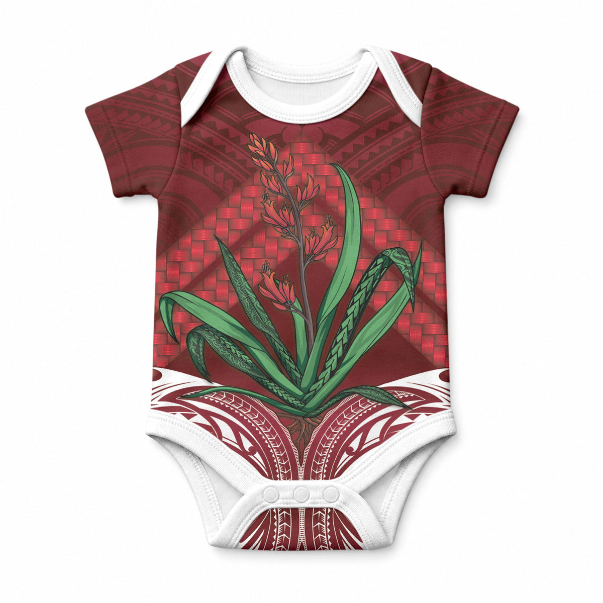 Rongoa Maori New Zealand Harakeke Baby Onesie NZ Weaving Pattern Red