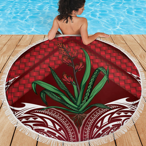 Rongoa Maori New Zealand Harakeke Beach Blanket NZ Weaving Pattern Red