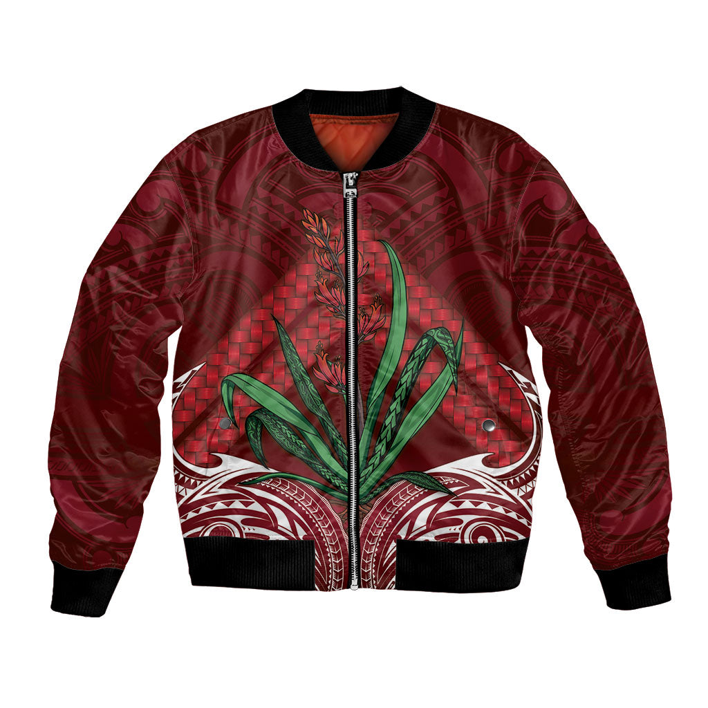 Rongoa Maori New Zealand Harakeke Bomber Jacket NZ Weaving Pattern Red
