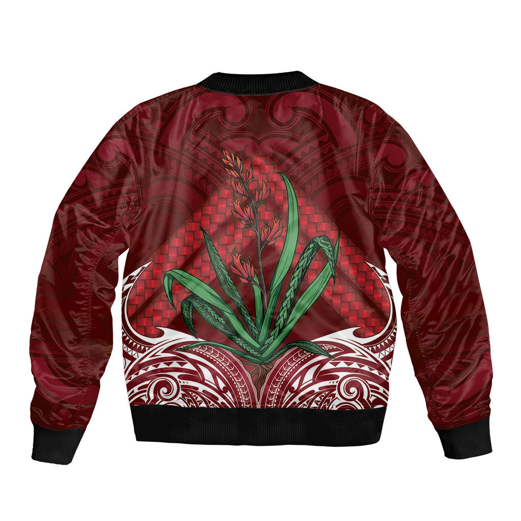 Rongoa Maori New Zealand Harakeke Bomber Jacket NZ Weaving Pattern Red