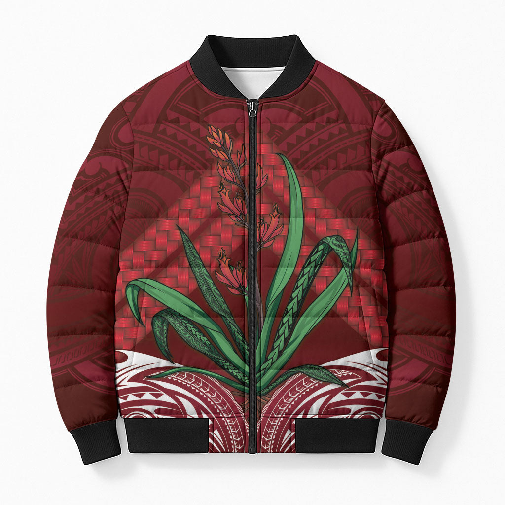 Rongoa Maori New Zealand Harakeke Bomber Puffer Jacket NZ Weaving Pattern Red