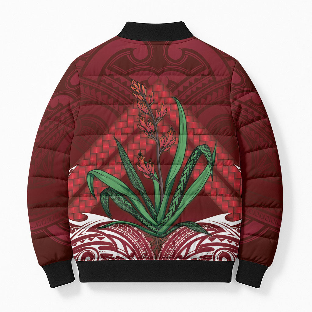 Rongoa Maori New Zealand Harakeke Bomber Puffer Jacket NZ Weaving Pattern Red