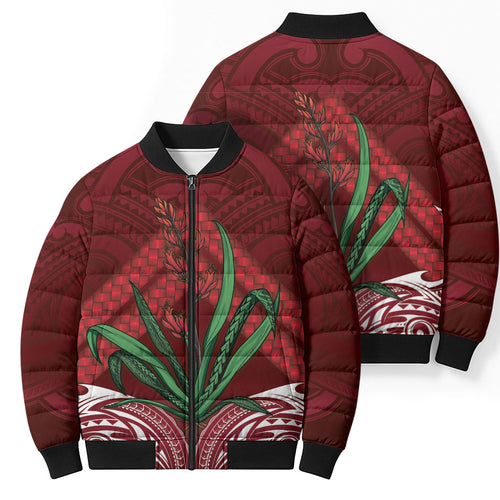 Rongoa Maori New Zealand Harakeke Bomber Puffer Jacket NZ Weaving Pattern Red